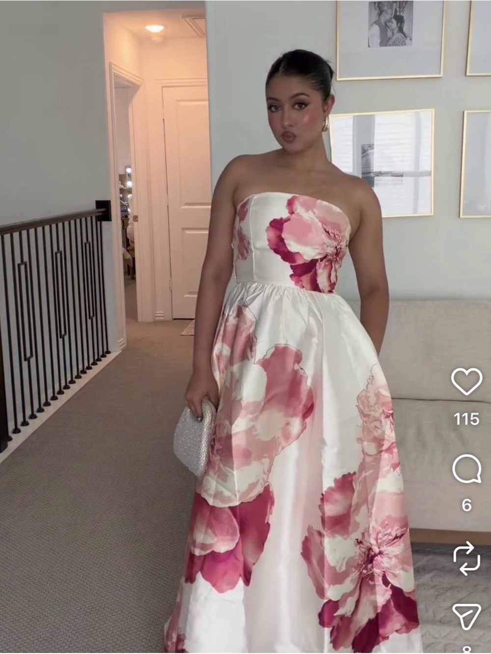 Express Strapless White Gown with Rose Pink Floral Print